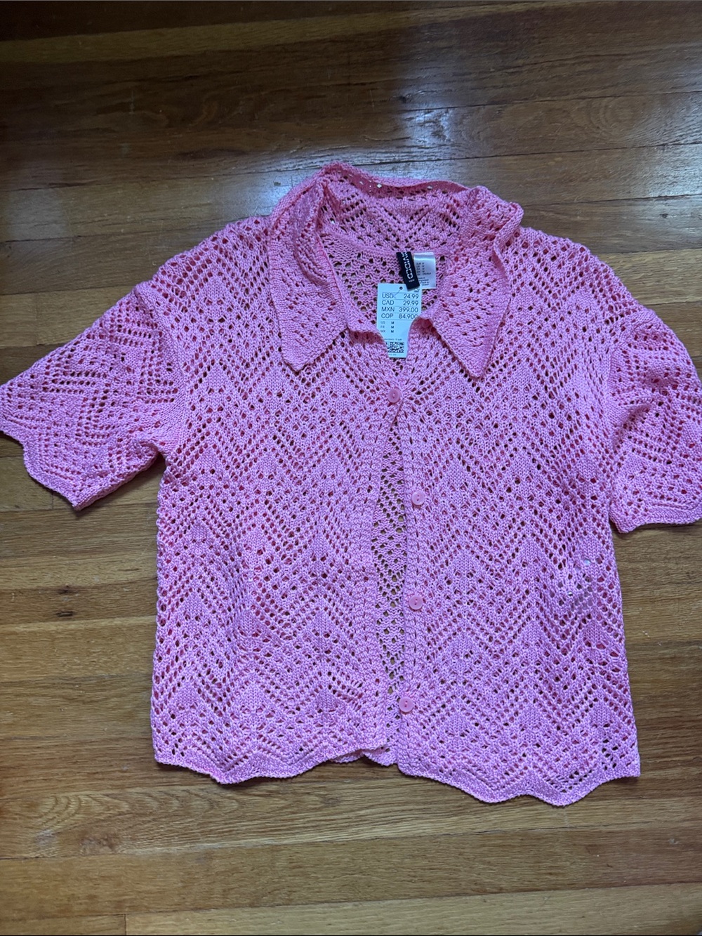 NWT- H& M Pink Crochet Button-Down Short Sleeve Sweater